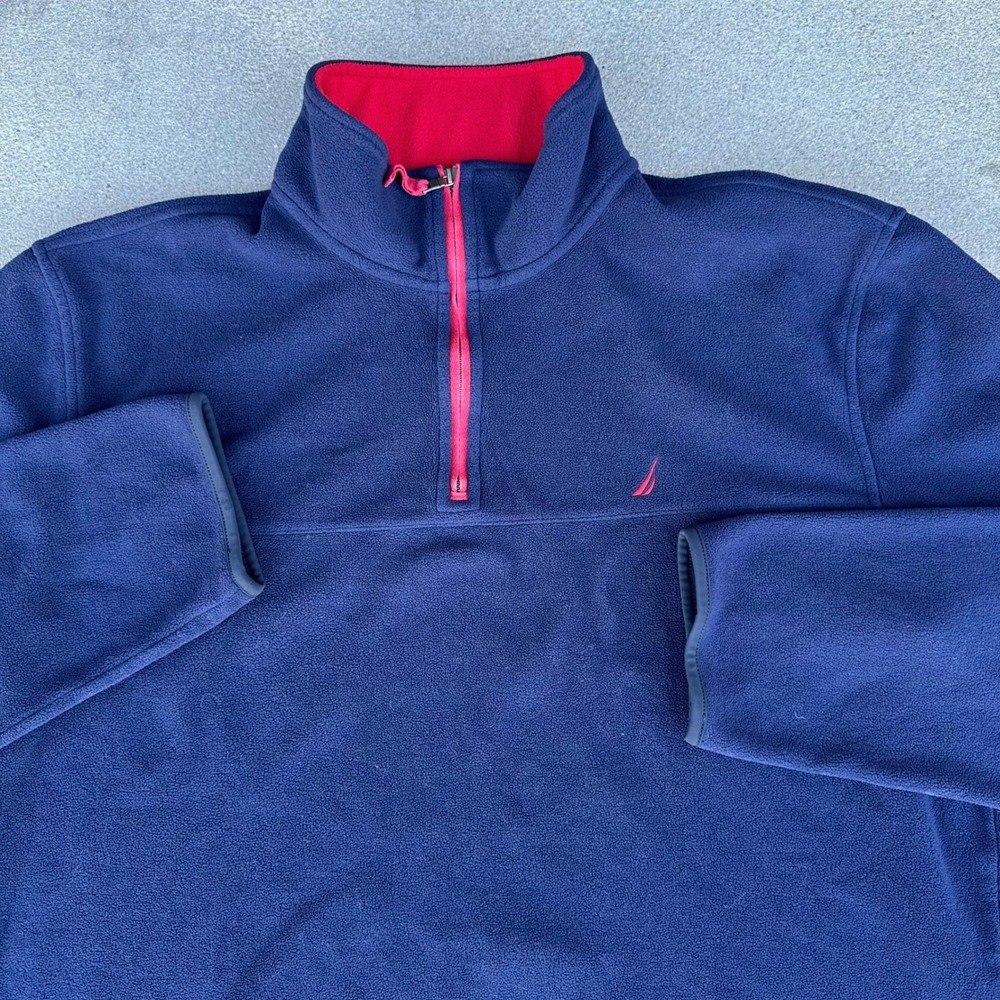 Nautica Men XL Quarter Zip Fleece Pullover Navy Blue Red Logo Mock Neck Jacket